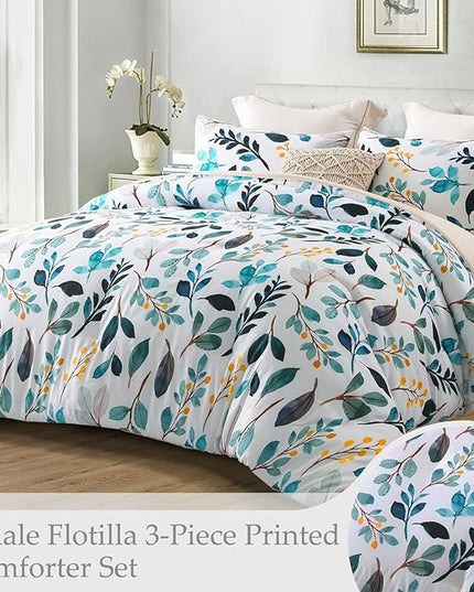 Whale Flotilla Queen Full Comforter Set, Soft Reversible Navy Leaf Bedding Comforter Set with Botanical Pattern, 1 Micoriber Printed Comforter and 2 Pillow Shams, 3 Pieces - LeafyLoom