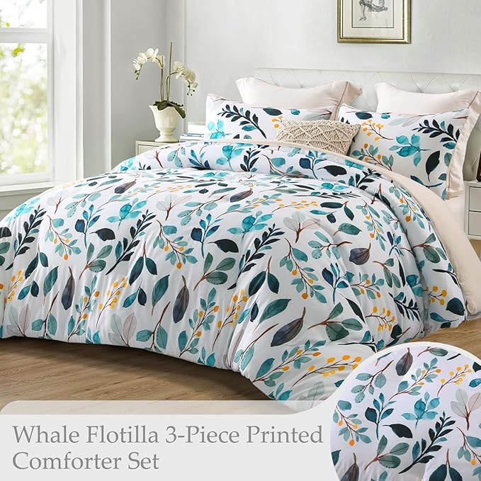 Whale Flotilla Queen Full Comforter Set, Soft Reversible Navy Leaf Bedding Comforter Set with Botanical Pattern, 1 Micoriber Printed Comforter and 2 Pillow Shams, 3 Pieces - LeafyLoom