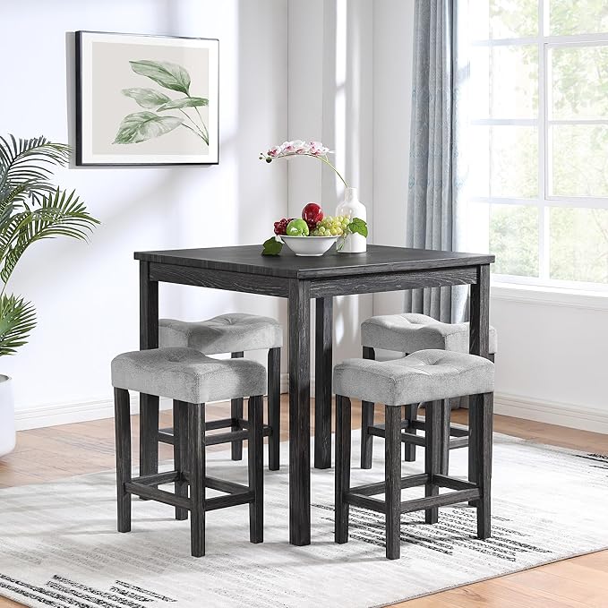 RITSU 5 Piece Square, Bar Chairs Set, Bistro Industrial Breakfast Table + 4 Upholstered Stools, for Living, Small Apartment, Dining, Game Room, Black+Gray - LeafyLoom