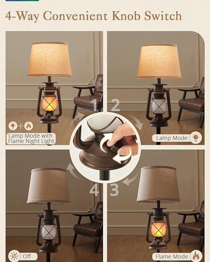 LEDIARY LED Flashing Flame Night Lantern Farmhouse Floor Lamp for Living Room, Rustic Standing Lamp with Beige Linen Drum Lampshade, Lantern Floor Lamps for Bedroom Home Decor - LeafyLoom