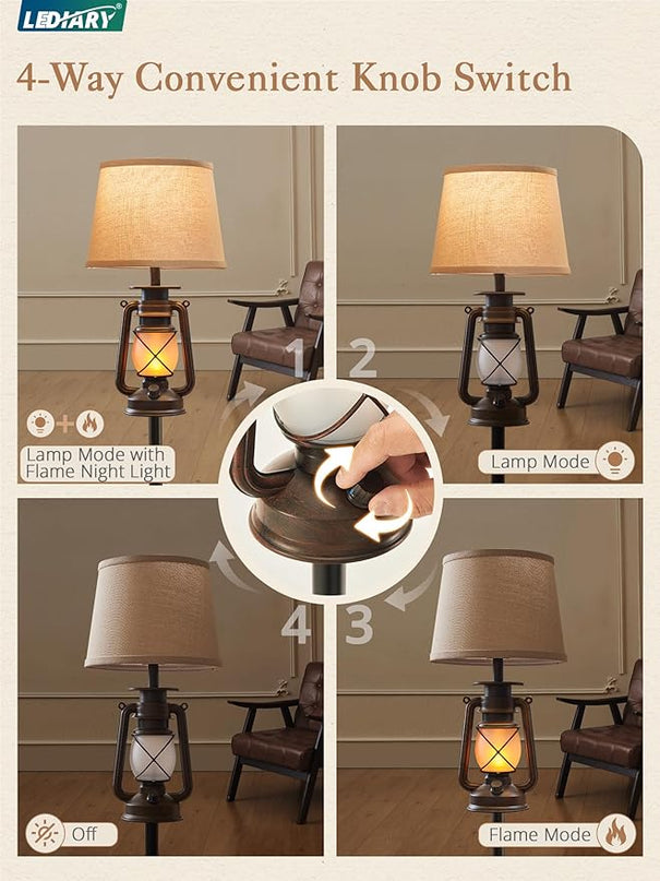 LEDIARY LED Flashing Flame Night Lantern Farmhouse Floor Lamp for Living Room, Rustic Standing Lamp with Beige Linen Drum Lampshade, Lantern Floor Lamps for Bedroom Home Decor - LeafyLoom
