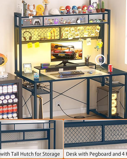 armocity 2024 Upgrade Gaming Desk with Hutch, 48'' Magic Computer Desk with LED Lights and Outlets, Reversible Workstation Desk with Pegboard and Monitor Stand, 48 Gamer Desk PC Table, White and Blue - LeafyLoom