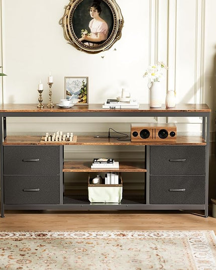 TV Stand Dresser with Power Outlets and LED Lights, 4 Drawers Entertainment Center with Shelves, 54 Inch Media Console for 55 60 Inch TV, PU Finish, Rustic Brown and Black - LeafyLoom