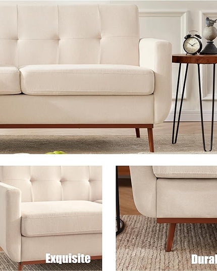 65" Loveseat Sofa, Mid Century Modern Love Seat Couches for Living Room, Comfy Upholstered Sofa Couch for Bedroom, Tufted Design 2 Seater Love Seat Sofa for Small Spaces (Linen-Beige) - LeafyLoom