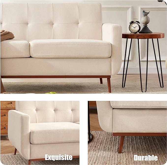 65" Loveseat Sofa, Mid Century Modern Love Seat Couches for Living Room, Comfy Upholstered Sofa Couch for Bedroom, Tufted Design 2 Seater Love Seat Sofa for Small Spaces (Linen-Beige) - LeafyLoom