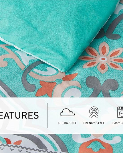 Degrees of Comfort Full Size Comforter Sets with Sheets Floral, Aqua Boho Complete Bedding Set for teen girls, Microfiber 8 Piece Bed in a Bag with Side Pockets, Matching Decorative Pillow - LeafyLoom