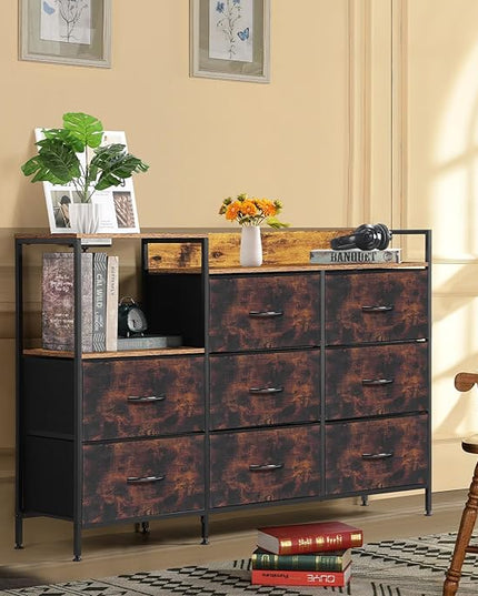MOOACE TV Stand with Charging Station, 52'' Long TV Stand with 8 Storage Drawers and Open Shelves, Chests, Dresser for Bedroom, Living Room, Brown - LeafyLoom