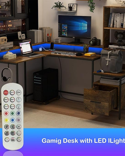 Rustic Brown L Shaped Desk with File Drawers, Computer Desk with Power Outlet and Monitor Shelf, Home Office Desk with Storage Shelves, Gaming Desk with Led Lights - LeafyLoom