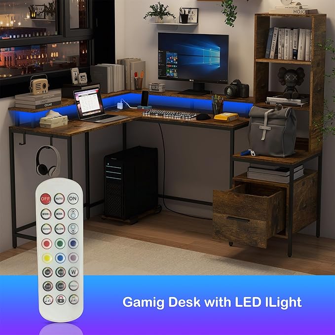 Rustic Brown L Shaped Desk with File Drawers, Computer Desk with Power Outlet and Monitor Shelf, Home Office Desk with Storage Shelves, Gaming Desk with Led Lights - LeafyLoom