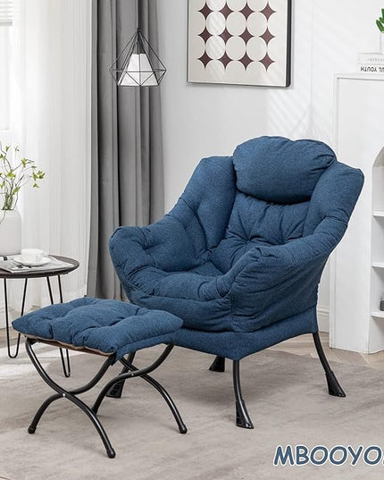 Lazy Chair with Ottoman, Modern Soft Reading Chair Accent Contemporary Lounge Leisure Sofa Chair with Armrests and a Side Pocket for Living Room, Bedroom, Dorm & Office, Dark Blue - LeafyLoom