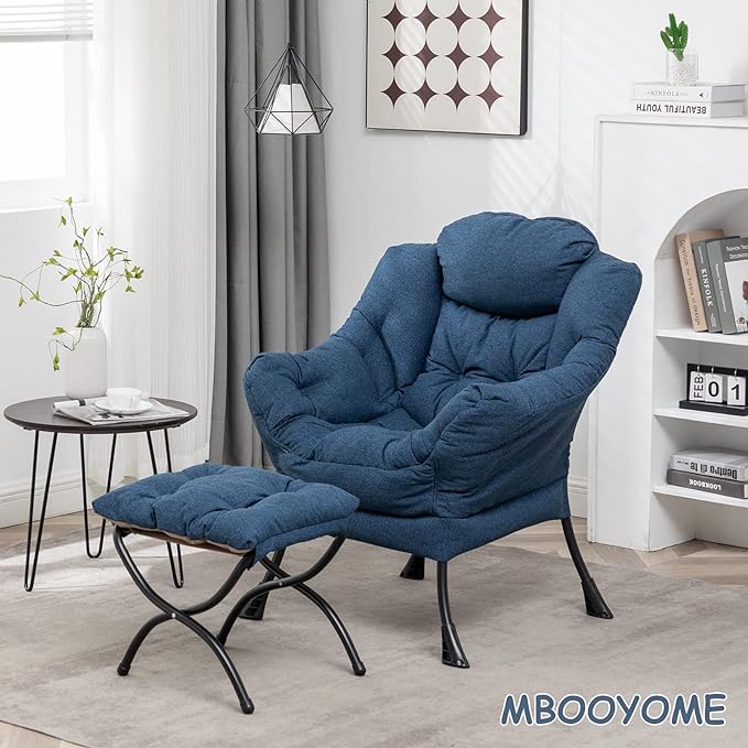 Lazy Chair with Ottoman, Modern Soft Reading Chair Accent Contemporary Lounge Leisure Sofa Chair with Armrests and a Side Pocket for Living Room, Bedroom, Dorm & Office, Dark Blue - LeafyLoom