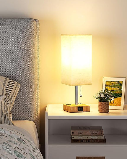 aooshine Beige Small Table Lamp for Bedroom - 3 Color Temperature 3000K 5000K 4000K Bedside Lamp, Pull Chain Control, USB A and C Ports and AC Outlets, Wood-grain Base, Bulb Included - LeafyLoom