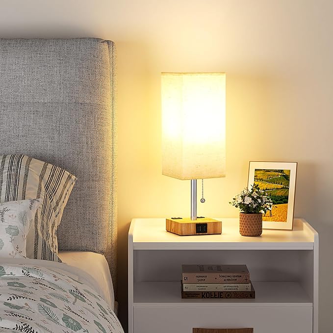aooshine Beige Small Table Lamp for Bedroom - 3 Color Temperature 3000K 5000K 4000K Bedside Lamp, Pull Chain Control, USB A and C Ports and AC Outlets, Wood-grain Base, Bulb Included - LeafyLoom