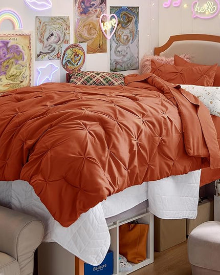 Bedsure Twin Size Comforter Sets - 5 Pieces Pintuck Bed Set Twin Size, Orange Twin Size Bed in a Bag with Comforter, Sheets, Pillowcase & Sham - LeafyLoom