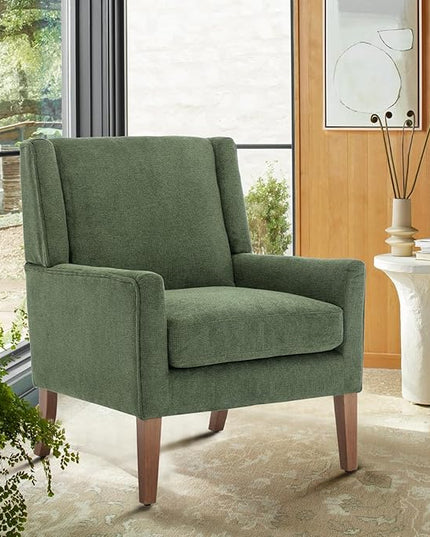 COLAMY Modern Wingback Living Room Chair, Upholstered Fabric Accent Armchair, Single Sofa chair with Lounge Seat and Wood Legs for Bedroom/Office/Reading Spaces, Green - LeafyLoom