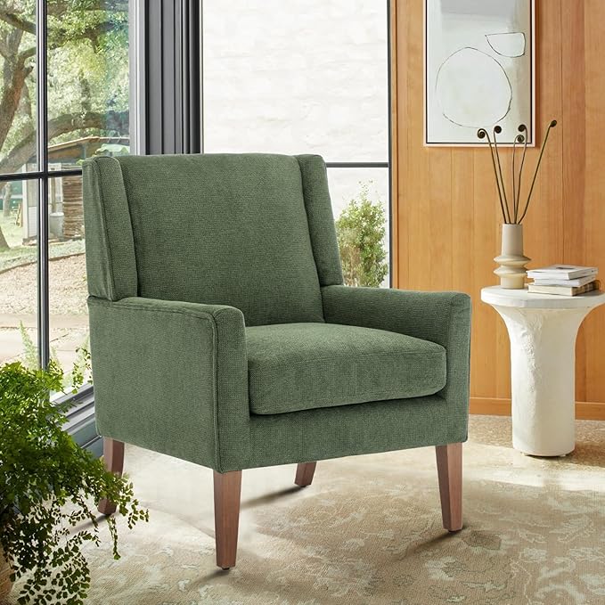 COLAMY Modern Wingback Living Room Chair, Upholstered Fabric Accent Armchair, Single Sofa chair with Lounge Seat and Wood Legs for Bedroom/Office/Reading Spaces, Green - LeafyLoom
