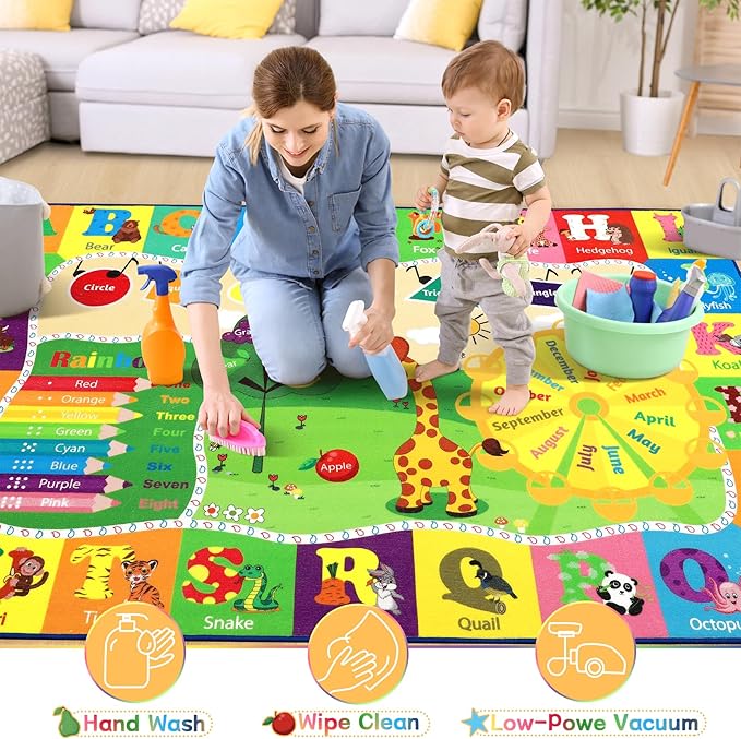 Chicrug Educational 3x5 Kids Area Rug for Playroom, TPR Non Slip Kids Classroom Carpet Rug for Learning ABC Animal, Shape Color Fruit, Washable Play Mat Rug for Children Nursery Toddler Room Decor - LeafyLoom