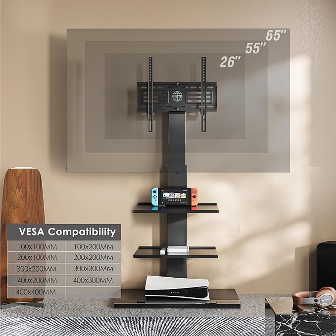 FITUEYES Iron Base Universal Floor TV Stand with Swivel Mount Space Saving for 26-65 Inch LED LCD OLED Plasma Flat Panel or Curved Screen TVs Height Adjustable Wire Management with 2 Shelves Black - LeafyLoom