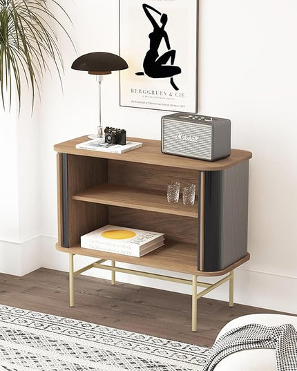 roomfitters Sideboard Buffet Cabinet with Sliding Doors, Mid Century Modern Credenza with 2 Tambour Doors, Minimalist Accent Storage Cabinet for Living Room, Media Console with Storage, Walnut Black - LeafyLoom