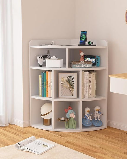 Vecelo Corner Cabinet with Charging Station, 3-Tier Bookcase Cube Storage Organizer with USB Outlets, Triangle Corner Bookcases with 8 Cubbies for Playroom, Bedroom, Living Room, Pearl White - LeafyLoom