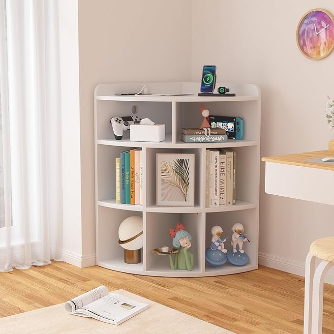 Vecelo Corner Cabinet with Charging Station, 3-Tier Bookcase Cube Storage Organizer with USB Outlets, Triangle Corner Bookcases with 8 Cubbies for Playroom, Bedroom, Living Room, Pearl White - LeafyLoom