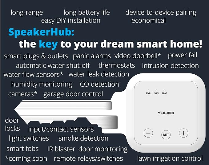 YoLink LoRa Smart Door Sensor Starter Kit: SpeakerHub Audio Hub & Door Sensor - Up to 1/4 Mile Range, Door Left-Open Reminders, up to 5 Year Batteries, Alexa, IFTTT, Home Assistant (2.4GHz WiFi Reqd) YoLink