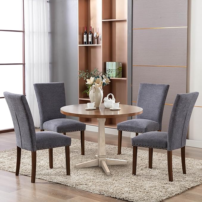 COLAMY Upholstered Parsons Dining Chairs Set of 4, Fabric Dining Room Kitchen Side Chair with Nailhead Trim and Wood Legs - Dark Grey - LeafyLoom