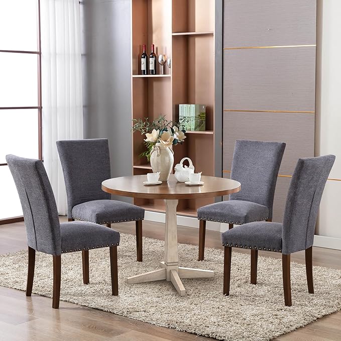 COLAMY Upholstered Parsons Dining Chairs Set of 6, Fabric Dining Room Kitchen Side Chair with Nailhead Trim and Wood Legs - Dark Grey - LeafyLoom