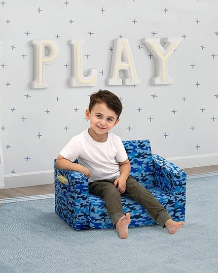 Delta Children Cozee Blue Camo Convertible Foam Chair to Lounger for Kids - LeafyLoom