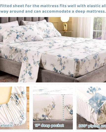 QSH Floral Queen Size Sheet Sets - Elegant Bird Tree Branch Blossom Printed Bedding 100% Egyptian Cotton Sheets Queen Size Deep Pockets 17.5" Extra Soft and Breathable 4pcs - LeafyLoom