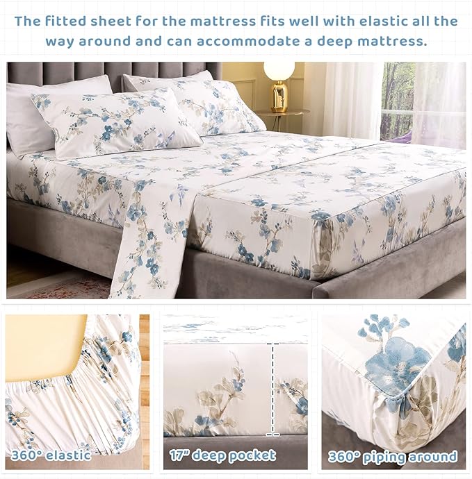 QSH Floral Queen Size Sheet Sets - Elegant Bird Tree Branch Blossom Printed Bedding 100% Egyptian Cotton Sheets Queen Size Deep Pockets 17.5" Extra Soft and Breathable 4pcs - LeafyLoom