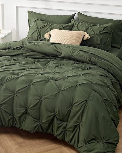 Bedsure California King Comforter Set - Cal King Bed Set 7 Pieces, Pinch Pleat Olive Green Cali King Bedding Set with Comforter, Sheets, Pillowcases & Shams - LeafyLoom