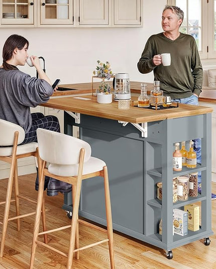 YITAHOME Kitchen Island with Drop Leaf & Power Outlet, Rolling Kitchen Cart on Wheels, Americana Kitchen Island Cabinet with Open Shelves for Kitchen Dining Room, Thicker Rubberwood Top, Grey Blue - LeafyLoom