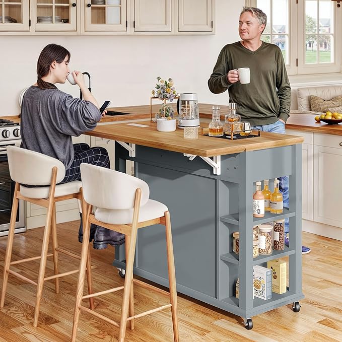 YITAHOME Kitchen Island with Drop Leaf & Power Outlet, Rolling Kitchen Cart on Wheels, Americana Kitchen Island Cabinet with Open Shelves for Kitchen Dining Room, Thicker Rubberwood Top, Grey Blue - LeafyLoom