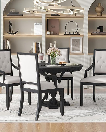 5-Piece Retro Elegant Extendable Round Dining Table Set with 4 Curved Armrest Upholstered Chairs for Kitchen, Breakfast Nook, Living Room, Oak, 42"-58" L x 42" W x 30" H, Black(Armchairs) - LeafyLoom