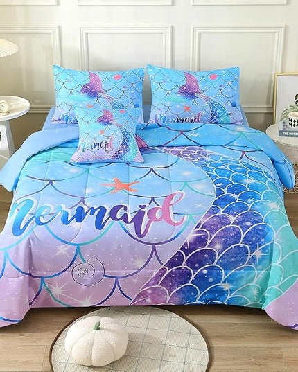 JQinHome Mermaid Comforter Set Full Size, 6 Piece Mermaid Tail Bed in A Bag,3D Colorful Mermaid Bedding Set for Girls Kids, Sparkle Teal Bedroom Decor Bedding Set with Sheets (Blue) - LeafyLoom