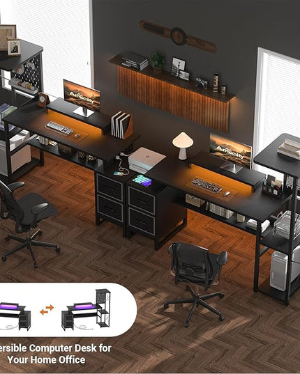 Computer Desk with 2 Fabric Drawers - Reversible Home Office Desk with Power Outlet & LED Lights, 53" Writing Desk with Monitor Stand & Storage Shelves, Gaming Desk Study Table with Pegboard, Black - LeafyLoom