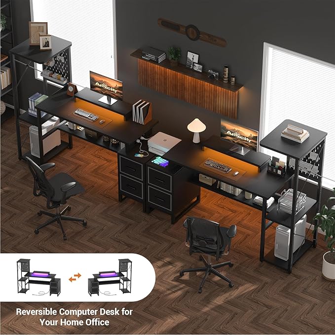 Computer Desk with 2 Fabric Drawers - Reversible Home Office Desk with Power Outlet & LED Lights, 53" Writing Desk with Monitor Stand & Storage Shelves, Gaming Desk Study Table with Pegboard, Black - LeafyLoom