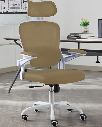 Ergonomic Office Chair with Tilt-Lock, Home Office Desk Chair with Auto Lumbar Support, High Back Mesh Desk Chair with Adjustable Headrest, Swivel Task Chair or Study Room Bedroom,Light Brown - LeafyLoom