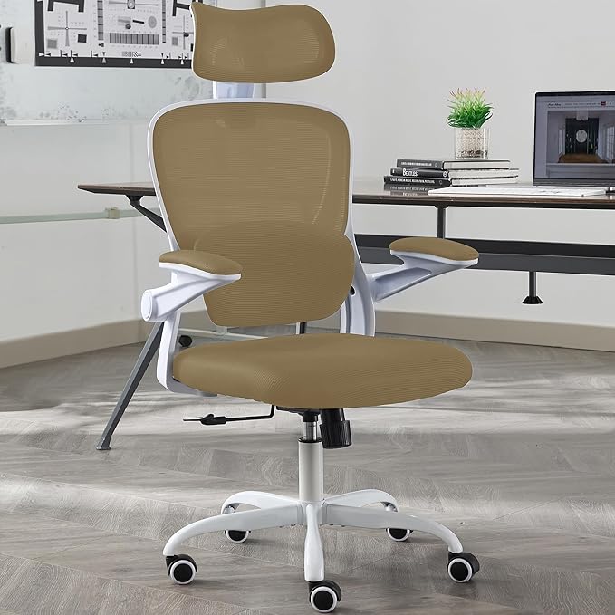 Ergonomic Office Chair with Tilt-Lock, Home Office Desk Chair with Auto Lumbar Support, High Back Mesh Desk Chair with Adjustable Headrest, Swivel Task Chair or Study Room Bedroom,Light Brown - LeafyLoom
