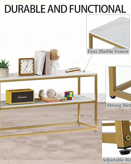 Function Home TV Stand for TVs up to 50 Inch, 3 Tier Entertainment Center, Modern TV Cabinet with Marble Top and Gold Metal Base, 42" Media Console Table with Storage for Living Room Bedroom - LeafyLoom
