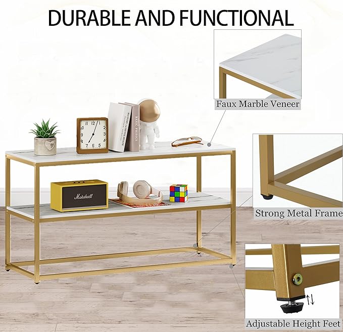 Function Home TV Stand for TVs up to 50 Inch, 3 Tier Entertainment Center, Modern TV Cabinet with Marble Top and Gold Metal Base, 42" Media Console Table with Storage for Living Room Bedroom - LeafyLoom