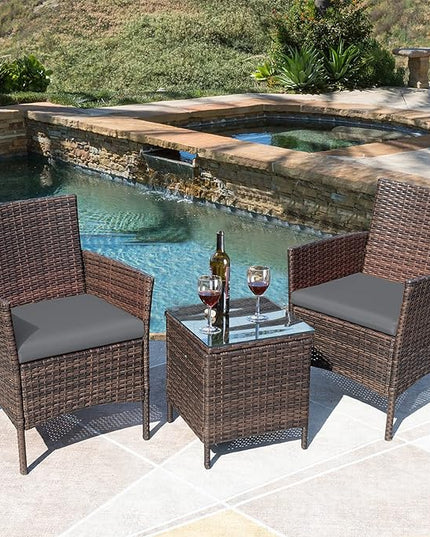 Greesum 3 Pieces Patio Furniture Sets Outdoor PE Rattan Wicker Chairs with Soft Cushion and Glass Coffee Table for Garden Backyard Porch Poolside, Brown and Gray - LeafyLoom