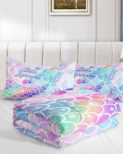 Datura home Bedding Comforter Set Rainbow Purple Mermaid Tail Printed Comforter Set with 1 Comforter and 2 Pillowcases for Girls Bedroom All Season(Rainbow Purple Full) - LeafyLoom