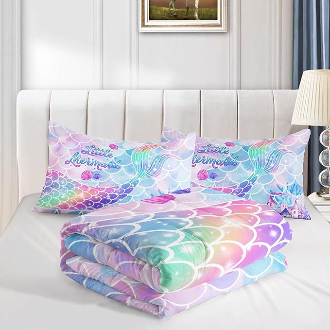 Datura home Bedding Comforter Set Rainbow Purple Mermaid Tail Printed Comforter Set with 1 Comforter and 2 Pillowcases for Girls Bedroom All Season(Rainbow Purple Twin) - LeafyLoom
