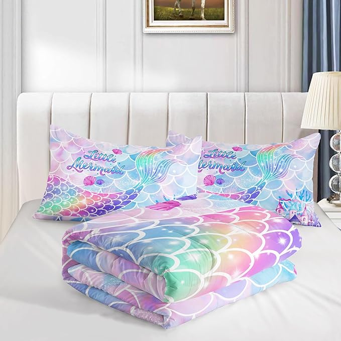 Datura home Bedding Comforter Set Rainbow Purple Mermaid Tail Printed Comforter Set with 1 Comforter and 2 Pillowcases for Girls Bedroom All Season(Rainbow Purple Queen) - LeafyLoom