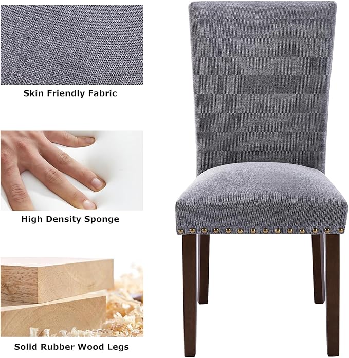 COLAMY Upholstered Parsons Dining Chairs Set of 4, Fabric Dining Room Kitchen Side Chair with Nailhead Trim and Wood Legs - Dark Grey - LeafyLoom