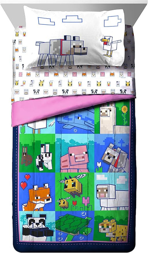 Jay Franco Minecraft Animal Patch 5 Piece Twin Bed Set - Includes Comforter & Sheet Set Bedding - Super Soft Fade Resistant Microfiber (Official Minecraft Product) - LeafyLoom