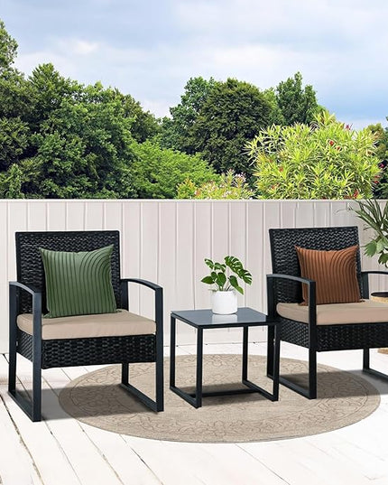 3 Pieces Patio Furniture Set, Outdoor Patio Set, Patio Bistro Set, All-Weather Wicker Conversation Set with Cushions Table for Porch Backyard (Black-Brown) - LeafyLoom