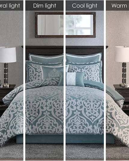 Madison Park Odette Cozy Comforter Set Jacquard Damask Medallion Design - Modern All Season, Down Alternative Bedding, Shams, Decorative Pillows, Queen(90 in x 90 in), Aqua - LeafyLoom